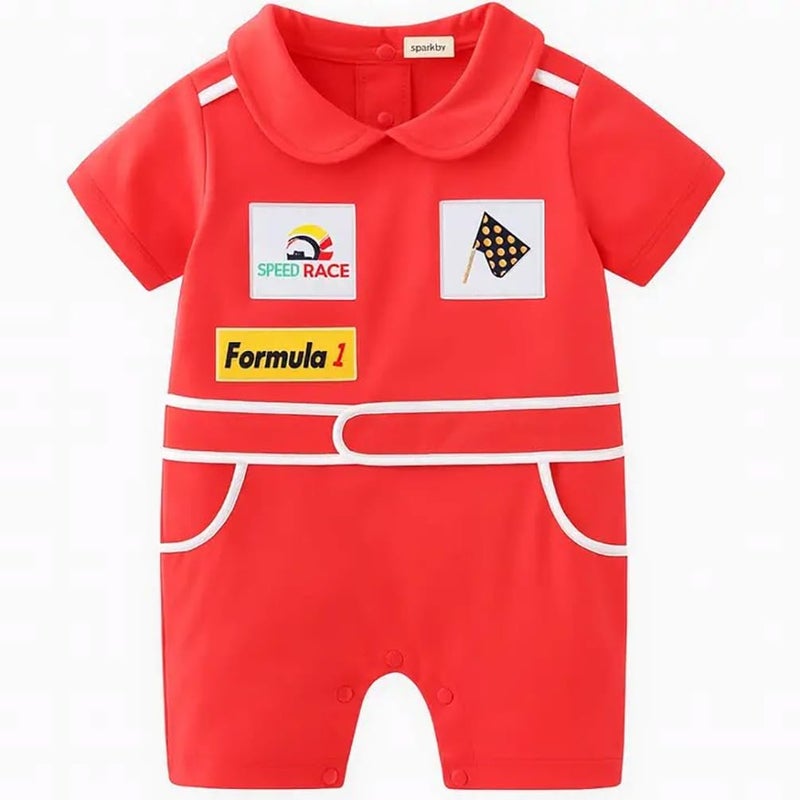 stylesilove Baby Boy Car Racer Romper - Cotton Short Sleeve Outfit for Birthday, Halloween, Toddler Clothes (Red, 12-18 Months) - Image 1